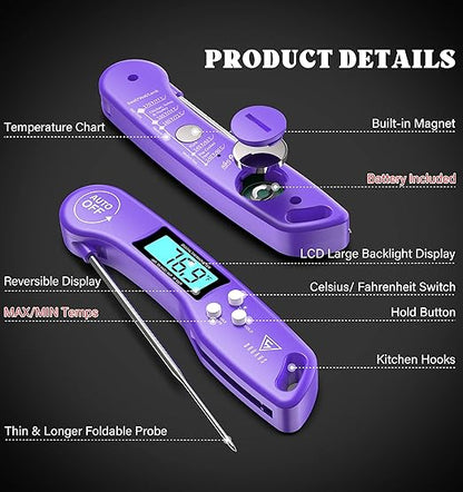 DOQAUS Digital Meat Thermometer, Instant Read Food Thermometers for Cooking, Kitchen Probe with Backlit & Reversible Display, Wide Temperature Range for Turkey, Grill, BBQ, Baking, Bread, Sourdough