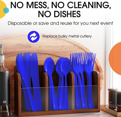 Party Solids Dark Blue Plastic Silverware Heavy Duty 150 Pieces Dark Blue Plastic Cutlery Sets, Utensil Sets, 50 Of Each Forks, Knives & Spoons Disposable Cutlery Set, Flatware Set For Party Supplies