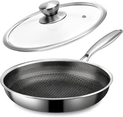 Stainless Steel Frying Pan with Lid - 11 Inch Nonstick Frying Pan with Lid, Honeycomb Stainless Steel Skillet Omelet Chef's Pan with Stay Cool Handle, Induction Compatible, PFOA Free