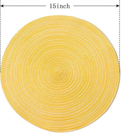 FunWheat Round Braided Placemats Set of 6 Place mats for Dining Tables Woven Heat Resistant Table Mats 15 inch (Yellow)