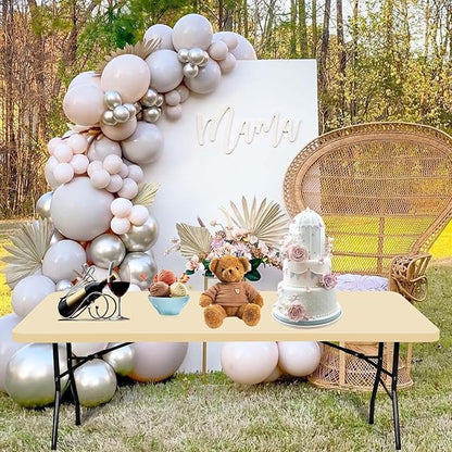 6 Pack Stretch Fabric Table Top Cap Cover, fits 8' Tables, Spandex Table Covers Washable Elastic Rectangle Tablecloth Protector for Indoor Outdoor Party Picnic Wedding, Beige, 30" W x 96" L