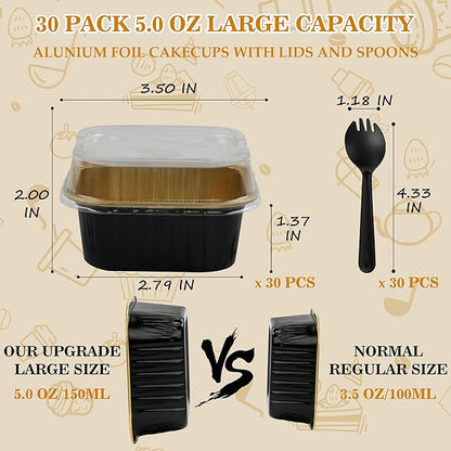Mini Cake Pans With Lids, BAKINGPAK 30PCS 5OZ Square Mini Aluminum Pans Disposable Aluminum Foil Cupcake Cups Individual Cake Pans with Lids for Children Party Wedding Party,Black Gold