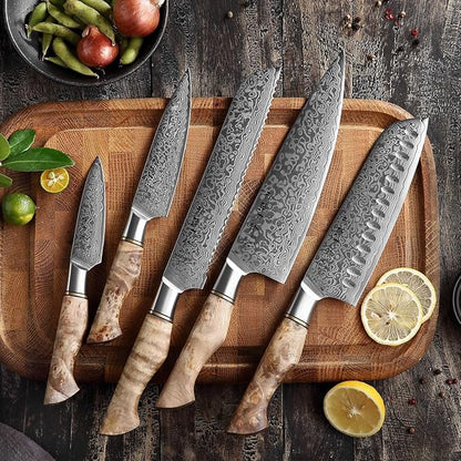 HEZHEN Damascus Kitchen Knives Set, Damascus Steel Japanese Style Chef Knife Utility Knife Santoku Knife,Figured Sycamore Wood Handle
