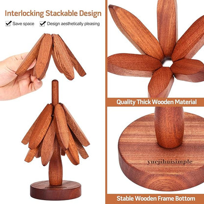 Trivets for Hot Dishes，Tree Shape Trivet Set,4 Wooden Trivets + 1 Stand， Heat-Resistant Foldable Wooden Tree Trivet Set for Pot、Bowl、Teapot、Hot Pot Holder