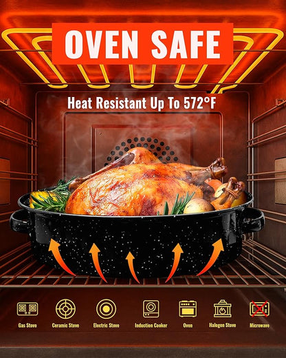 Enamel Granite Roasting Pan with Lid 18 Inch with Rack, Extra Large Deep Oven Baking Pot, NonStick Oval Carbon Steel Potato Roaster Pan for Turkey Chicken Steak NonToxic Perfect for Party Thanksgiving