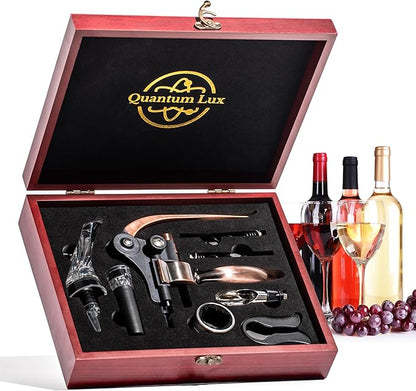 Wine Bottle Opener Set with Accessories Matte Bronze in Wood Box, Aerator, Extra Screws, Foil Cutter, Pourer, Vaccu Stopper, Winged Wine Opener, Rabbit Red Wine Corkscrew Set (Matte Bronze)