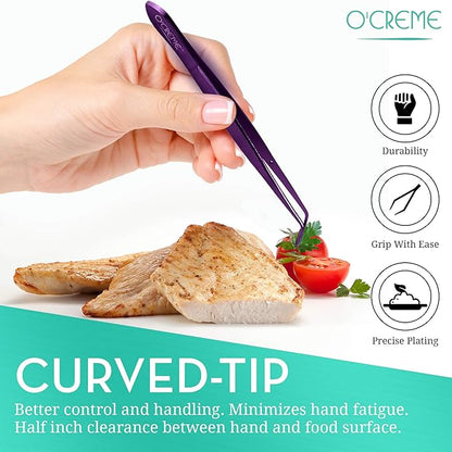 O'Creme Purple Stainless Steel Precision Kitchen Culinary Fine-Tip Tweezer Tongs, 1 Curved and 1 Straight