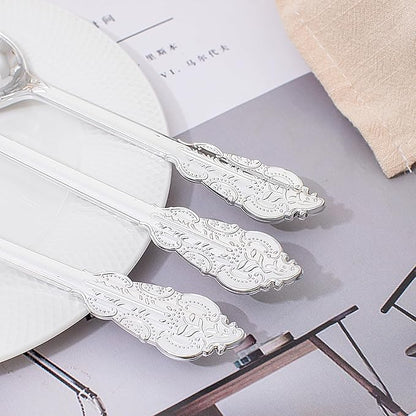 BUCLA 200PCS Silver Plastic Forks and Spoons - Plastic Silverware Baroque - Disposable Silverware Heavy Duty - 100PCS Silver Forks and 100PCS Spoons for Weddings, Christmas and Party