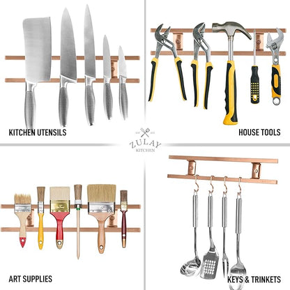 Zulay (12 Inch) Stainless Steel Magnetic Knife Holder For Wall - Powerful Knife Magnetic Strip With Extra Hanging Hooks - Wall Mount Magnetic Knife Strip & Organizer For Kitchen & Tools (Copper)