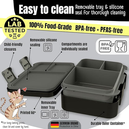 BEARFOOT Kids Lunch Box with Compartments – Compact & Lightweight | Leak-Proof, BPA-Free, Dishwasher & Microwave Safe | Hand-Drawn Design for Preschool, School, Travel (Dinos Black, 2.75 Cups)