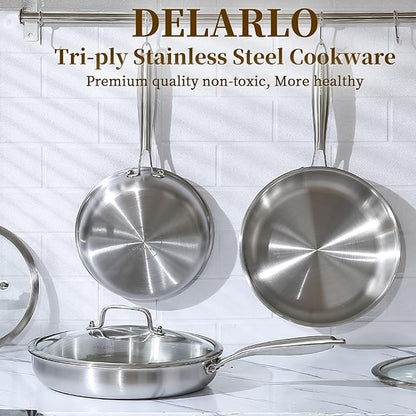 DELARLO Tri-Ply Stainless Steel Pan, 12 inch Frying Pan with Lid, Compatible with All Cooktops Up to 600℉, Fast & Even Heat, Skillet, Induction Cookware, Cooking Pan, Stir Fry Pan, Dishwasher Safe