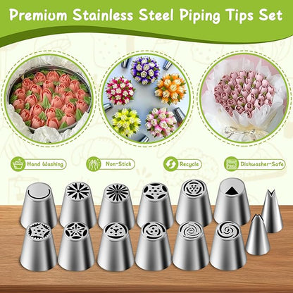 Suuker 27 Pieces Russian Piping Tips Set, Cake Decorating Tips Baking Supplies for Cupcake Cookies Birthday Party (12 Icing Tips 10 Pastry Baking Bags 2 Leaf Piping Tips 2 Couplers 1 Silicone Bag)