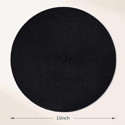 FunWheat Round Braided Placemats Set of 6 Place mats for Dining Tables Woven Heat Resistant Table Mats 15 inch (Black,6pcs)