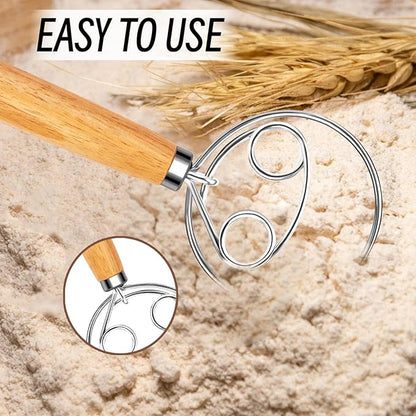 Danish Dough Whisk and Dough Hook - Stainless Steel Dutch Style Wooden Handle for Sourdough, Bread, Pastry Dough Mixing Tools