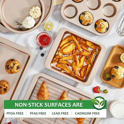 HONGBAKE Bakeware Sets, Baking Pans Set, Nonstick Oven Pan for Kitchen with Wider Grips, 10-Piece Including Rack, Cookie Sheet, Cake Pans, Loaf Pan, Muffin Pan, Pizza Pan - Champagne Gold