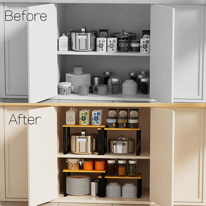 Adjustable Storage Shelves for Kitchen Cabinet Organization - Set of 2 Stackable Metal & Solid Wood Racks, Space-Saving Design for Countertop/Pantry/Garage, Easy Assembly(1 Pack/Medium/Black)