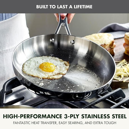 GreenPan Valencia Tri-Ply Stainless Steel 12" Frying Pan, Induction Ready Skillet, Mirror Finish, Dishwasher Safe & Oven/Broiler Safe to 600F, Compatible with All Cooktops, Silver