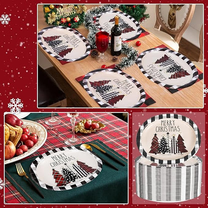 WDF 50Pack Christmas Paper Plates - 10"x12" Christmas Tree Plates Christmas Oval Paper Checkered Plates - Dinner Size Large Disposable Platter Heavy Duty for Happy Christmas Serving