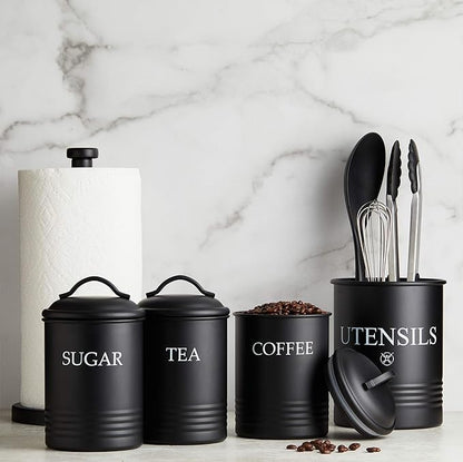 Kitchen Canister Set of 3 Sugar Coffee Tea with lids Food Storage, Black