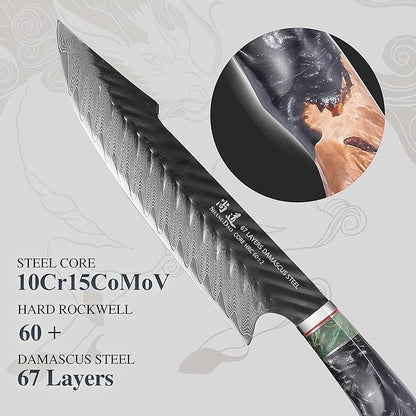 SHANGDAO Damascus Chef Knife 8 Inch,67 Layers Alloy Steel Professional Kitchen Knives with Leather Sheath, Hand Forged Resin & Wood Handle QILIN Series