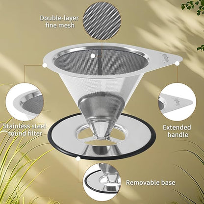 Mongdio Pour Over Coffee Dripper, Stainless Steel Coffee Dripper, Reusable Metal Coffee Filter, Double Mesh Design of Pour Over Coffee Maker, With Removable Base, 1-2 Cups