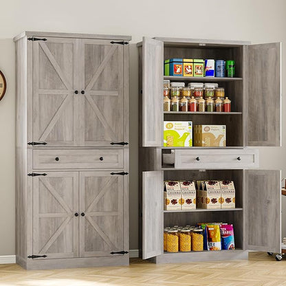 Pantry Organizers and Storage Cabinet, 70” Barn Door White Kitchen Cabinet with Drawers and Adjustable Shelf, Tall Pantry for Kitchen, Dining Room, Living Room Bedroom