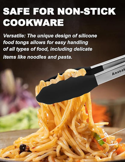 Anaeat Non-Stick Silicone Locking Tong - Stainless Steel 7" Mini Kitchen Food Tongs with Non-Slip Silicone Tips and Grip for Cooking, Baking and BBQ - Heat Resistant up to 480°F (Black)