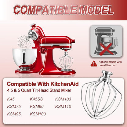Dishwasher Safe 6 Wire Whisk,Upgrade Real Stainless Steel 6 Wire Whip Attachment for Kitchen aid Mixer,Replace K45WW Whisk Fits Kitchen aid 4.5-5 QT Tilt-Head Stand Mixer,Fast Whipping,No Aluminum