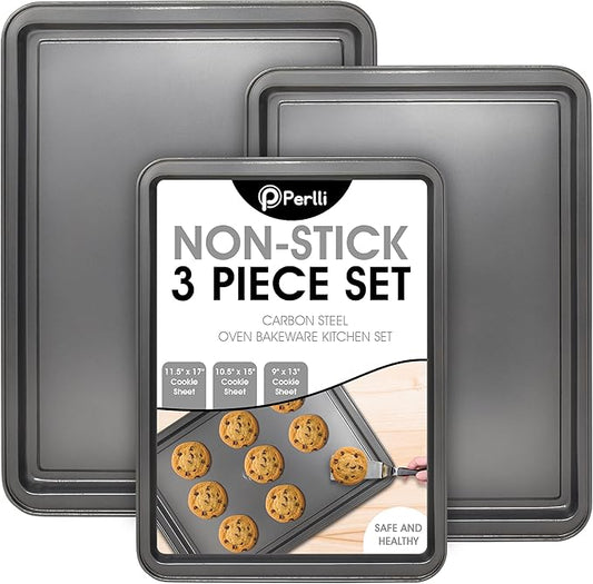 PERLLI Non-Stick 3-Piece Baking Pan Set, BPA-Free Gray Carbon Steel Bakeware Set, Stackable Kitchen Oven Set, Cookie Sheet, Baking Tray, Baking Sheet Set, Oven Safe (446°F)