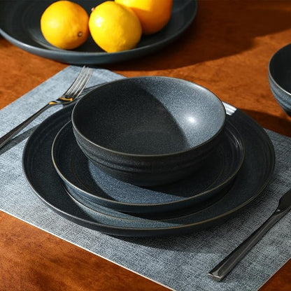 Stone Lain Elio 12-Piece Dinnerware Set Stoneware, Plates and Bowls Set, Dish Set for 4, Blue