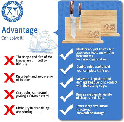 XYJ Authentic Since 1986, Magnetic Knife Block, Double Side Kitchen Knife Holder, Natural Wood, Knife Cutlery Display Stand, Organizer Storage Rack for Home Kitchen