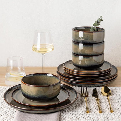 TheTerra Ceramic Dinnerware Sets for 4, 12 Pieces Handmade Reactive Glaze Plates and Bowls Set, Scratch Resistant Dish Set, Oven & Microwave & Dishwasher Safe