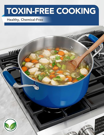MICHELANGELO Stainless Steel Stock Pots - Induction Soup Pot with Lid, 6 Qt Non-Toxic Cooking Pot, Oven & Dishwasher Safe, Blue Exterior