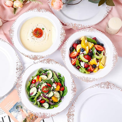 100PCS Rose Gold Plastic Bowls - 12 oz Disposable Salad Bowls - Heavy Duty Disposable Soup Bowl - Fancy Plastic Ice Cream Bowl for Weddings Parties Catering Picnics