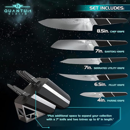 Dalstrong Knife Block Set - 5 Piece - Quantum 1 Series - American Forged BD1N-VX Hyper Steel - Carbon Fibre G10 Hybrid Handle - Professional Kitchen Set - Knife Set
