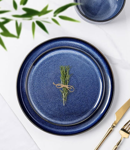 TheTerra Ceramic Dinnerware Sets for 4, 12 Pieces Handmade Reactive Glaze Plates and Bowls Set, Scratch Resistant Dish Set, Oven & Microwave & Dishwasher Safe, Blue