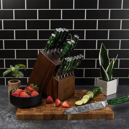 SENKEN Engraved Japanese Kitchen Knife Set with Beautiful Green Resin Wood Handles - Wasabi Collection - Chef's Knife, Bread, Cleaver, Paring, & More (16-Piece Knife Block Set)