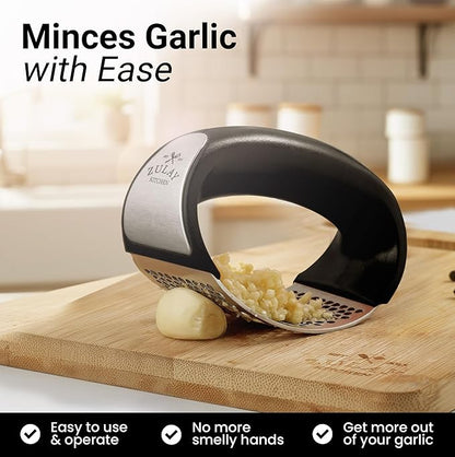 Zulay Kitchen Stainless Steel Garlic Press Rocker Set - Premium Garlic Mincer Garlic Crusher - New Innovative Garlic Crusher with Peeler and Scraper - Comfortable Grip (Black)