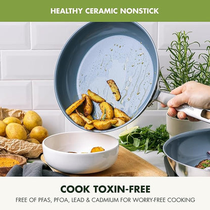 GreenPan Treviso Stainless Steel Healthy Ceramic Nonstick, 12" Frying Pan Skillet with Lid, PFAS-Free,Clad, Induction, Dishwasher Safe, Silver