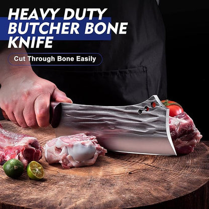 2PCS Meat Cleaver & Heavy Duty Bone Chopper Knife Set, Hand Forged German High Carbon Stainless Steel Butcher Knife for Home Kitchen & Outdoor