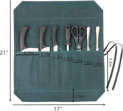 Denifiter Heavy Duty Waxed Canvas Chef Knife Storage Roll Bag With 7 Slots, Waterproof And Durable (Dark Green)