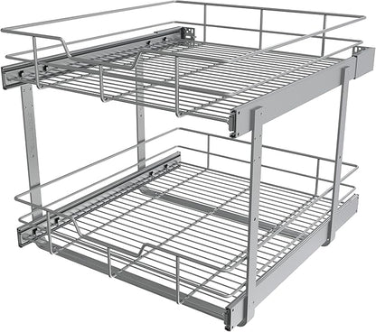 2 Tier Pull Out Cabinet Organizer 20" W X 22" D, Slide Out Drawers For Kitchen Cabinets, Pull Out Drawers For Cabinets Capacity Heavy Duty Caddy, Cabinet Pullout Shelves Chrome-Plated,Bathroom Pantry