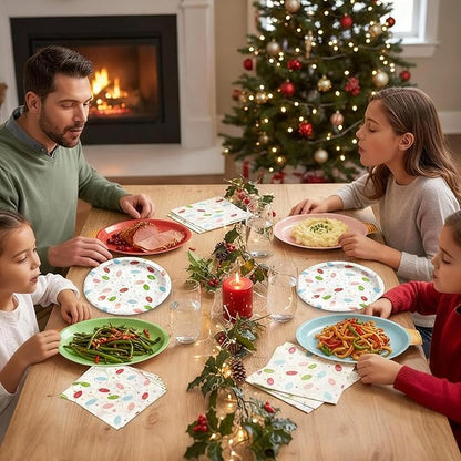 OuMuaMua 150Pcs Christmas Paper Plates and Napkins Set Disposable, Heavy Duty Christmas Light Bulb Design Party Supplies Serve 50, Fancy Disposable Dinnerware Set for Holiday Home Xmas Party Decor