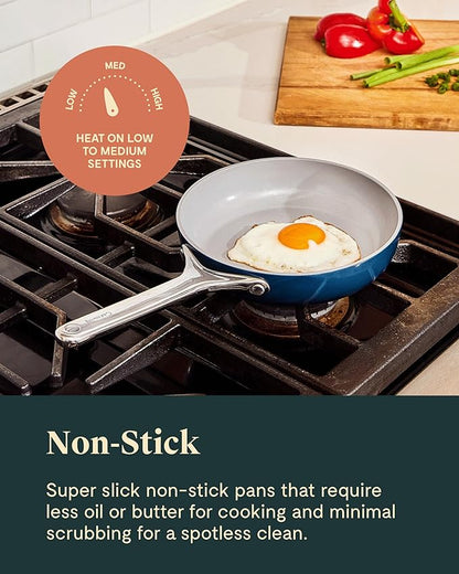 Caraway Mini Cookware Set - Non-Stick Ceramic Fry Pan (1.05 qt, 8") Sauce Pan (1.75 qt) & Storage Rack - Non Toxic, PTFE & PFOA Free - Oven Safe & Stovetop Agnostic (Gas, Electric & Induction) - Navy