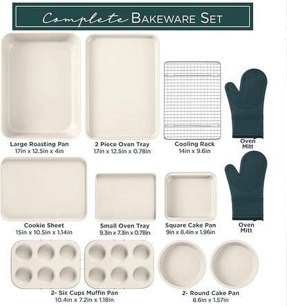 Country Kitchen Nonstick Stackable Bakeware Set - Deluxe Heavy Duty, Durable, Easy Release Baking Set, Sage, 13 Pcs