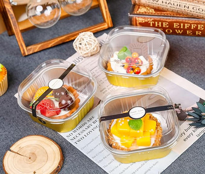 50 Pack Mini Cake Pans with Lids and Spoons Aluminum Foil Pans Square Cake Tins for Bakery Party Wedding (Gold,10 oz)