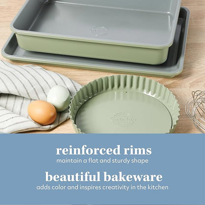 Sur La Table Kitchen Essential Carbon Steel Baking Pans Bakeware Set W/Premium PFOA, PFAS, PTFE Free Grey Non stick - Juniper Green Exterior