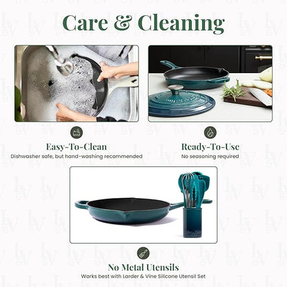 Larder & Vine Enameled Cast Iron Skillet | 10.25 inch Cast Iron Pan | Saute Pan with Pour Spouts | Enamel Coated Cast Iron Skillet | Compatible on All Cooktops & Oven Safe to 500° F | Bondi