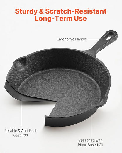 VEVOR Cast Iron Skillet, 4-Piece Frying Pan Set (6, 8, 10, 12 in), Skillets with Heat-Resistant Silicone Handle, Pre-Seasoned Chef's Pan, Kitchen Cookware, for Oven, Gas, Electrical, Induction, Black