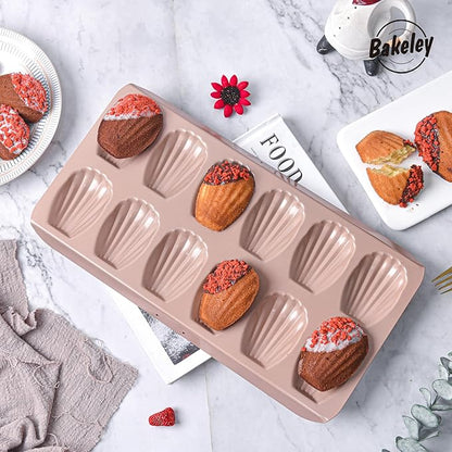 Madeleine Pan, 12-Cavity Mold Cake Pan Non-Stick Oval Shell Madeline Bakeware for Oven Baking (Rose Gold)